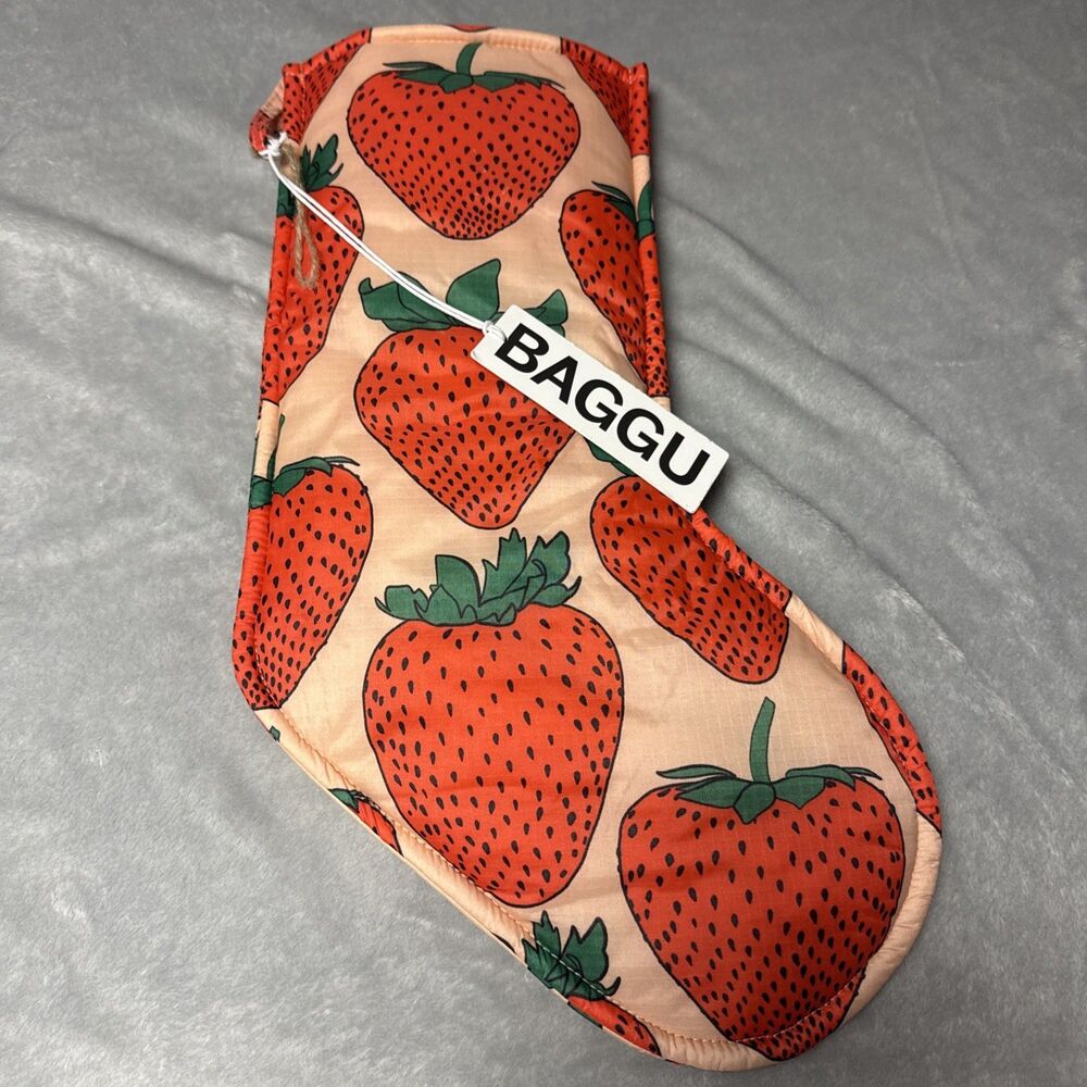 BAGGU Holiday Stocking Strawberry Print Peach & Red NWT